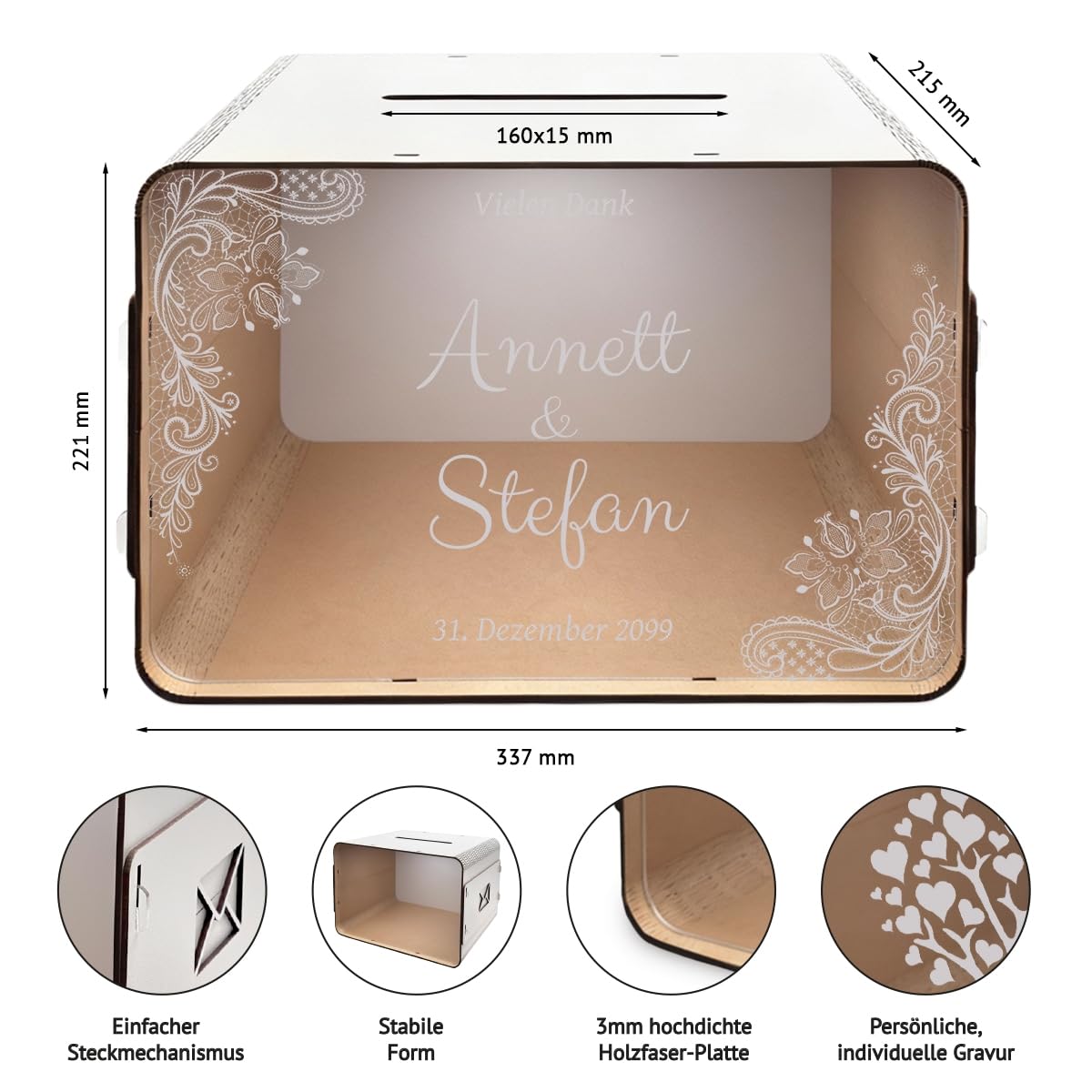 Kartenmachen.de Personalisierte Hochzeit Geschenkkartenbox Rustikal mit Lasergravur Weiß, 34x22cm Groß, Stecksystem, HDF und Acrylglas, Vorderseite transparent