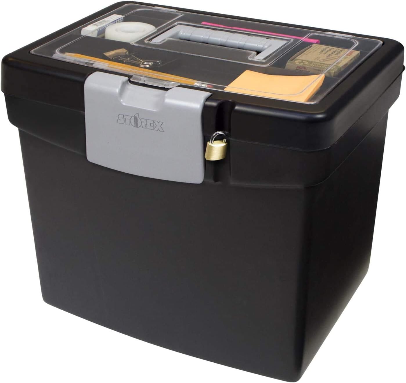Storex 61504B02C Portable File Box with XL Lid, 11 x 13-1/2 x 11 Inches, Black (Two Pack)