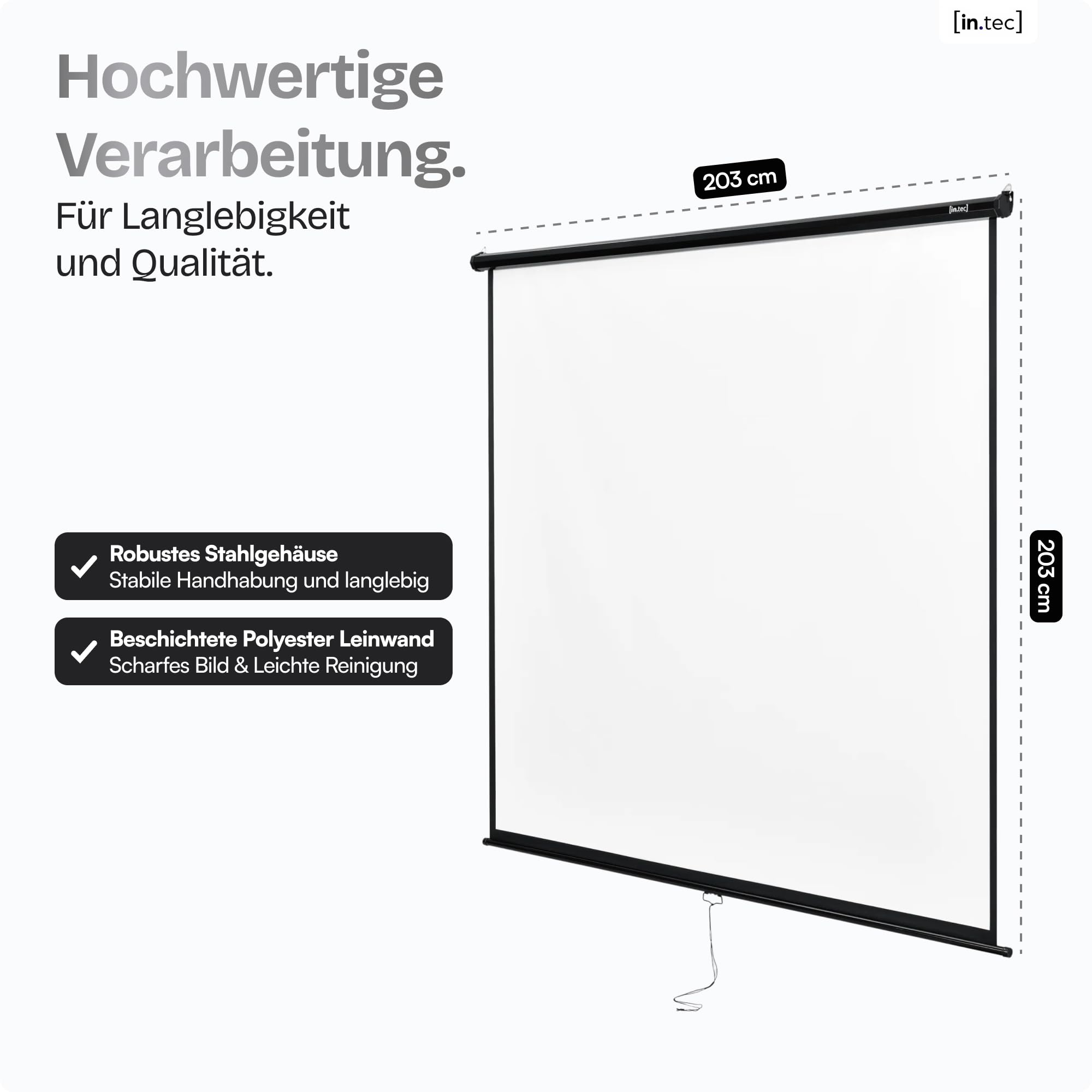 in.tec Projektionsleinwand HD 3D Beamer 113 Zoll Rollo-Leinwand selbstaufrollend 203 x 203 cm Wandmontage Deckenmontage alle Formate für Heimkino Büro Seminare
