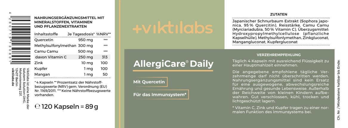 AllergiCare® Daily - Quercetin mit Vitamin C, Zink, Kupfer & Mangan | 950 mg Quercetin pro Tagesdosis - optimale Bioverfügbarkeit - 4 Kapseln pro Tag - 120 vegane Kapseln - ohne Zusatzstoffe