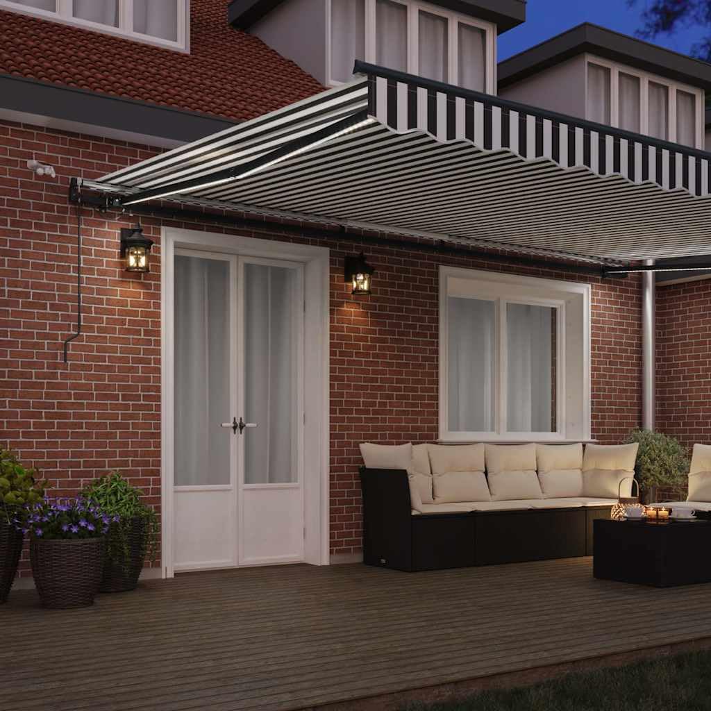 Toldo de 500 x 300 cm, antracita y blanco, con iluminación LED y sensor de viento, estructura de aluminio, protección solar, terraza, balcón, paño resistente a la intemperie para jardín