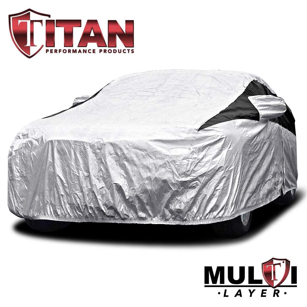 Titan Premium Multi-Layer PEVA Car Cover for Hatchbacks 165-181". Waterproof, UV Protection, Anti-Scratch Protective Lining, Driver-Side Zippered Opening. Fits Prius, Focus, Civic and More.