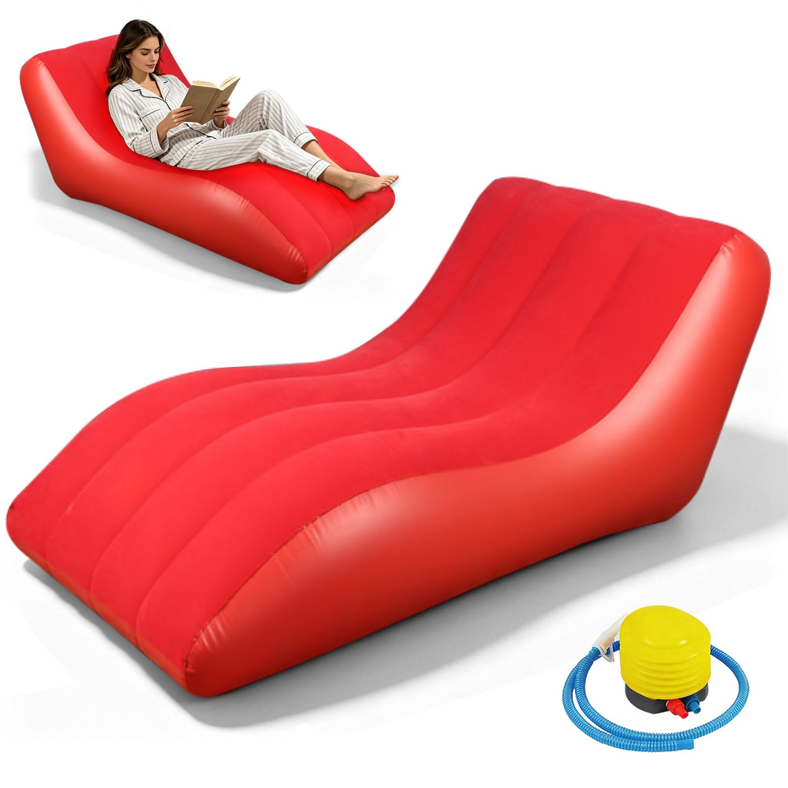 Bocguy Fauteuil gonflable d'extérieur avec pompe à air, canapé gonflable en PVC avec surface floquée pour l'intérieur, l'extérieur, la maison, le camping, les pique-niques, la plage (rouge)