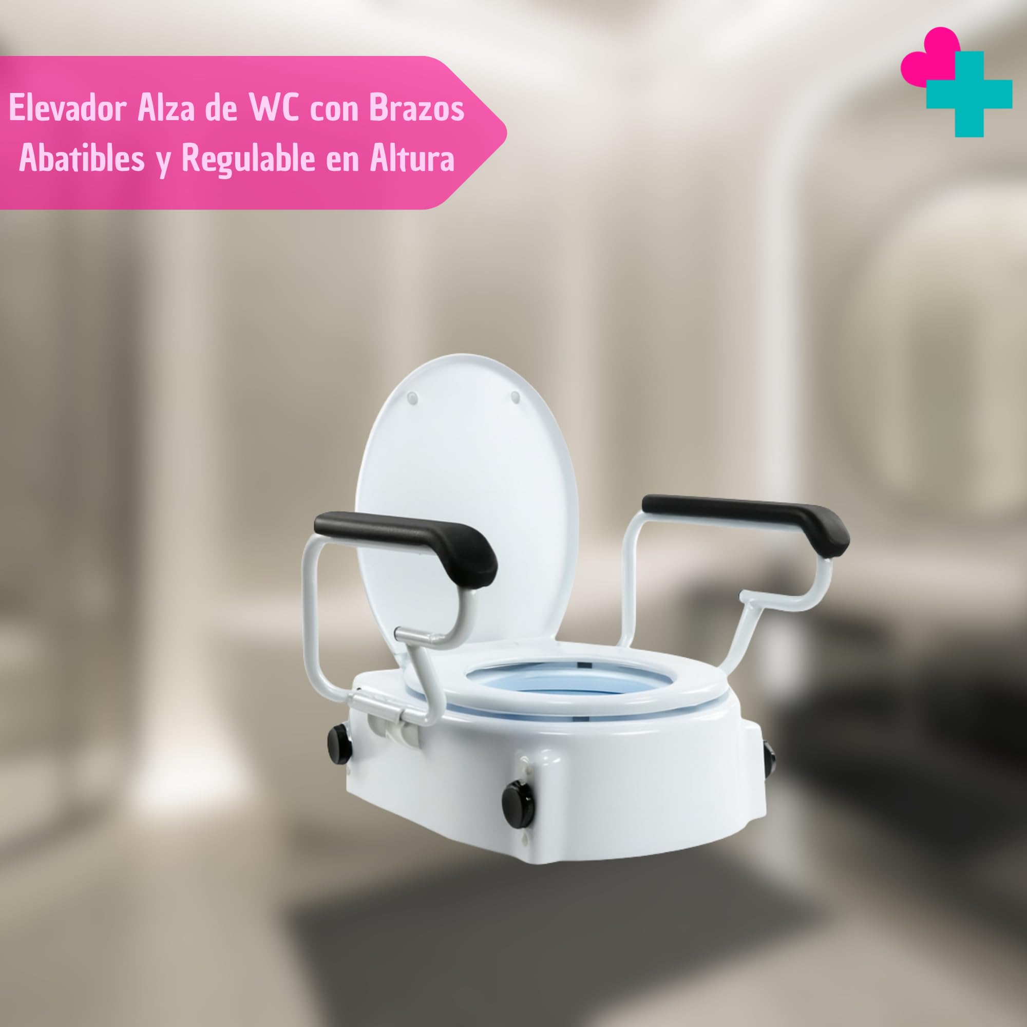 Asiento Elevador Inodoro Regulable 5-15 cm con Brazos Abatibles. Alzador Baño Adultos con Reposabrazos. Elevador WC Adulto con Reposabrazos para Personas Mayores
