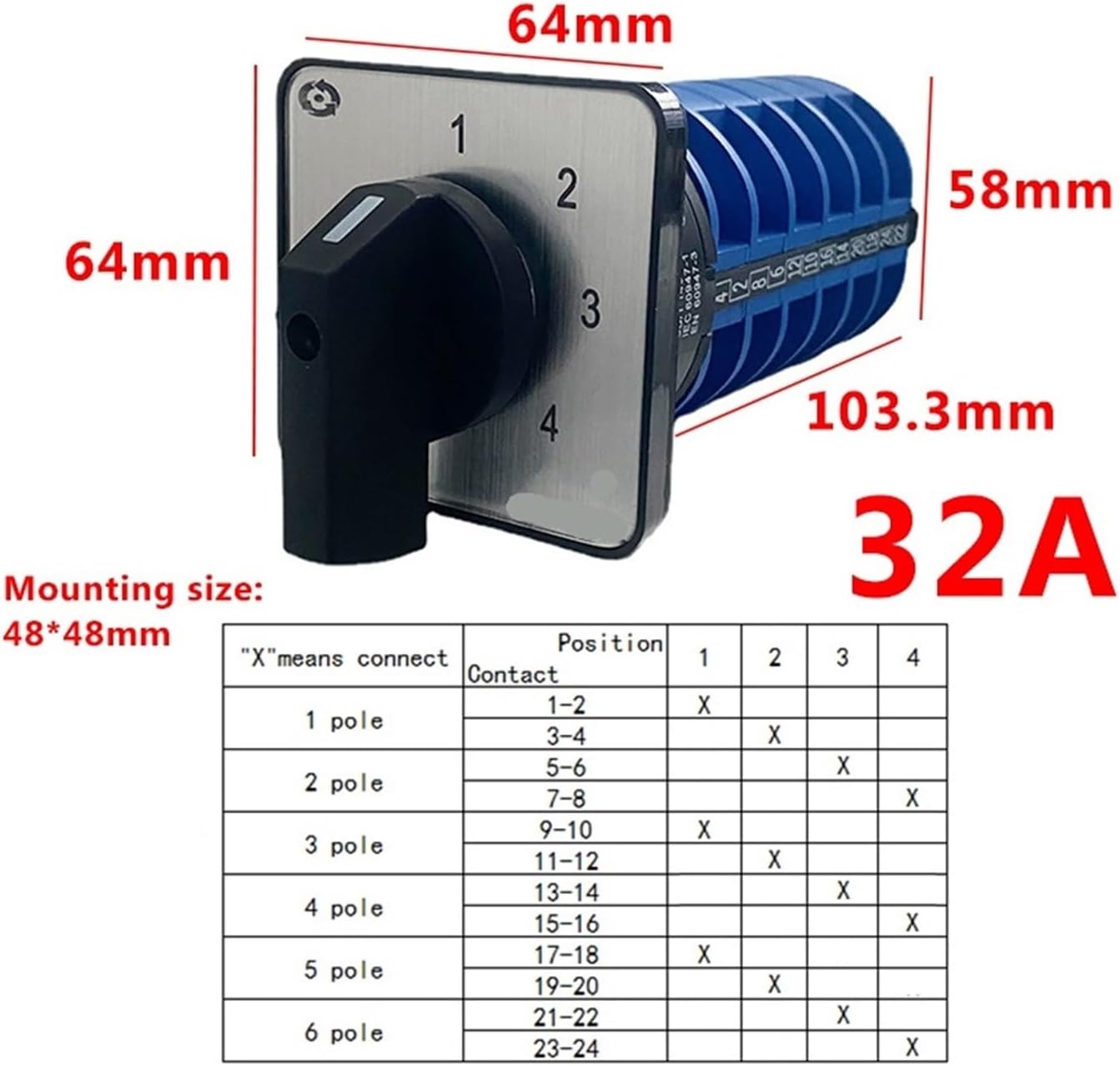 LW26-32/6 LW28-20 Four Positions 6 Poles 20A 32A 690V Silver Contact Changeover Switching Rotary Motor Cam Switch(32A)