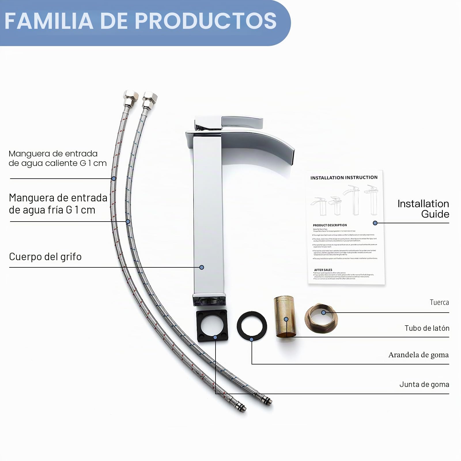 Grifo de Lavabo Alto Cascada Moderno, Mezclador Monomando Lavabo con Prima Valvula de Ceramica, Grifo de Baño Alto Cascada, Agua Fria y Caliente Disponible, Latón Cromado | Monomando, cartucho cerámico, agua caliente/fría, conexión G3/8, flexible 60 cm in