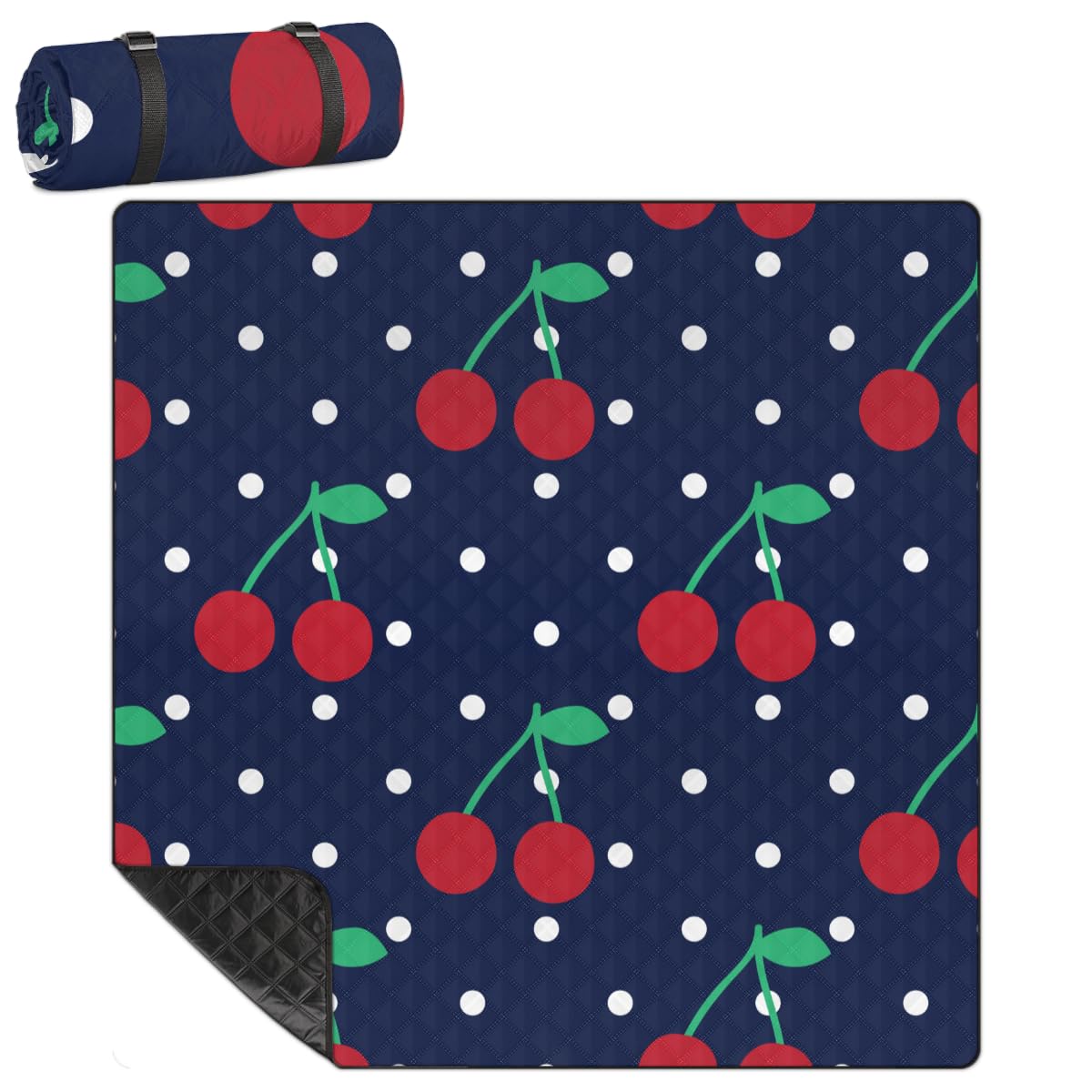 Shimoshe Extra Large Picnic Blankets 79”x 79”, Black Background Polka Dot Cherries Waterproof Foldable Picnic Mat with Straps Portable Beach Blanket for Camping Park Grass Beach Indoor