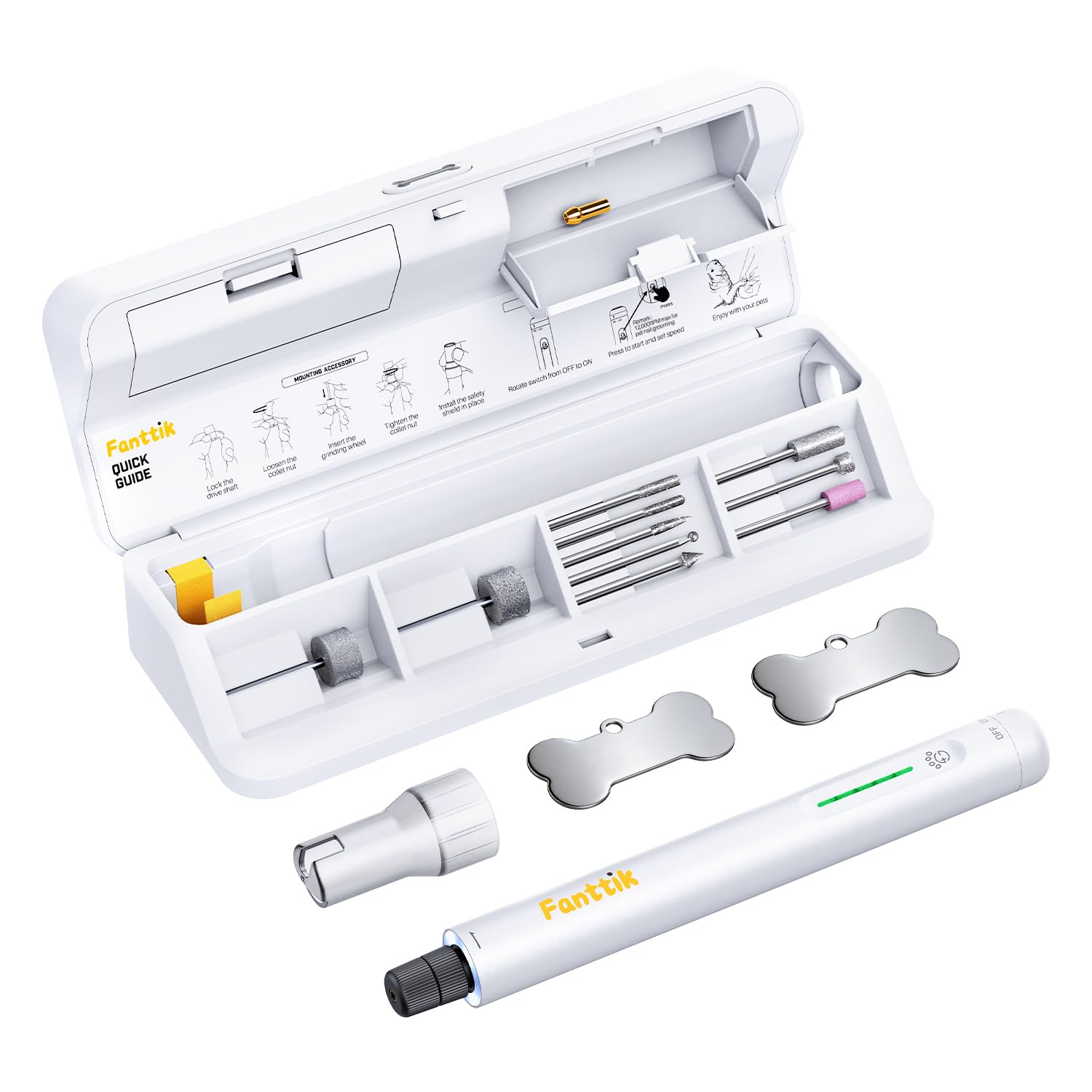 Fanttik F2 Master Pet Dog Nail Grinder Quiet, Safe Electric Rechargeable Pet Nail Trimmer with LED Light, 5-Speed Variable Paws Grooming Tool Kit, DIY Name Tags for Small Medium Dogs & Cats, White