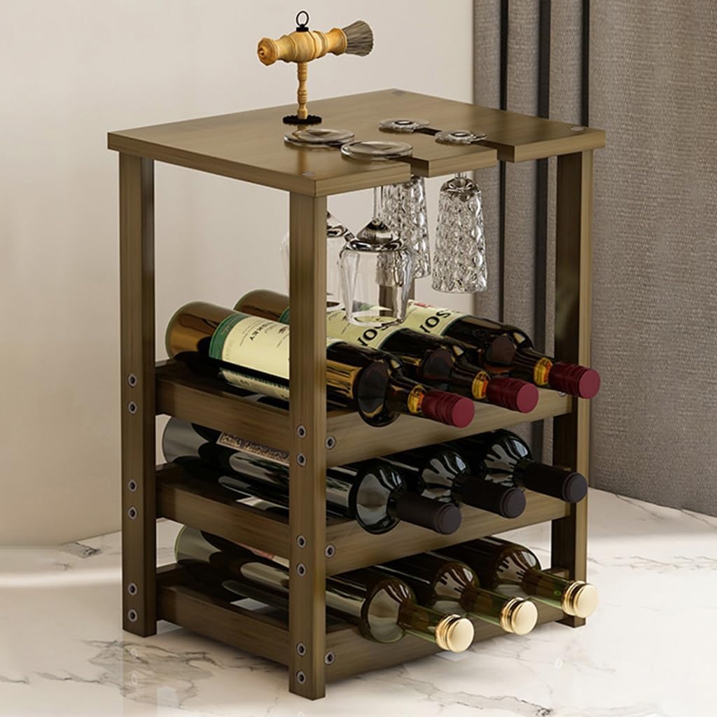 Freestanding Wine Rack with Glass Holder Countertop and Floor Wine Holder Stand for Home Decor and Kitchen Storage Holds 9 16 Bottles