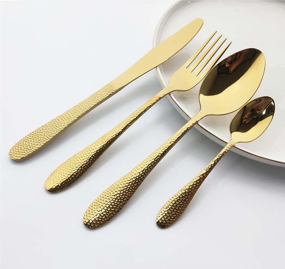 OLSKFUH Cutlery Flatware Cutlery Set, Stainless Steel Water Ripple Snakeskin Handle Tableware Creative Tableware Tea Spoon Cake Fork,Gold-6Set