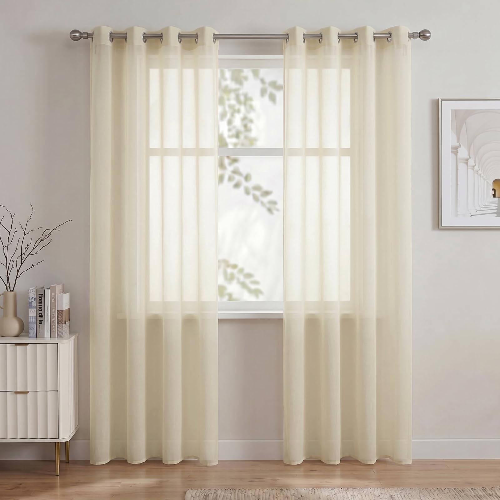 Gazal Vole Natural Linen Sheer Curtains for Living Room, 72 inch Drop, Ultra-Soft Faux Linen Eyelet Voile Panels, Light Filtering Privacy Window Drapes for Bedroom, 2 Panels