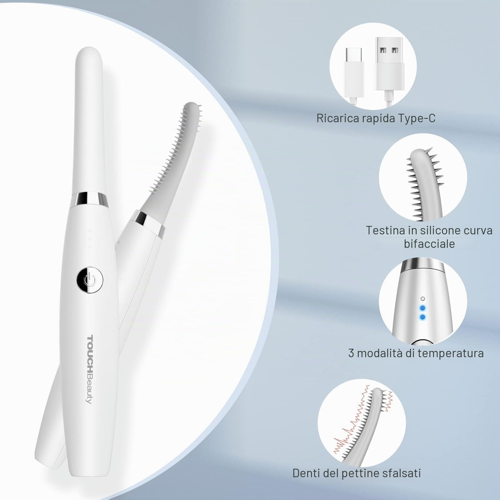 TOUCHBeauty - Piegaciglia riscaldato elettrico ricaricabile USB, 3 impostazioni temperatura, pettine silicone, arricciatura rapida, per ragazze e donne