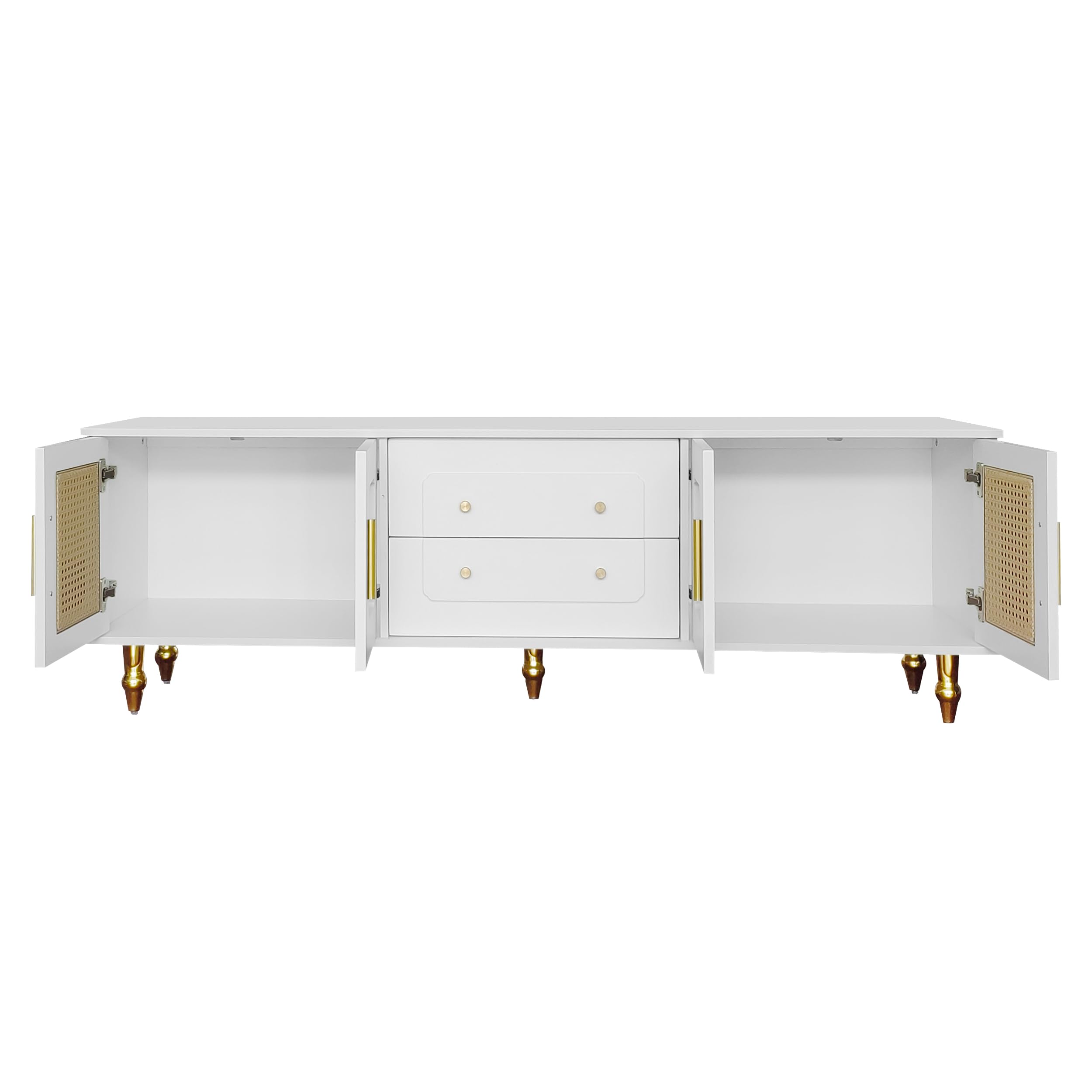 Mueble de TV de estilo retro con 6 compartimentos de almacenamiento, asas doradas, puerta de ratán y patas de metal, aparador de TV para salón (blanco, 175 x 38 x 55,5 cm)