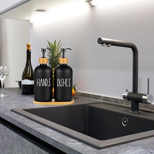 Miniatura 9 de Arktek Juego de dispensador de jabón de vidrio con bandeja, paquete de 2 dispensadores de jabón de manos y platos para baño y cocina, dispensador de