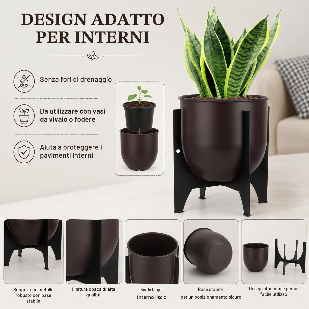 TRIROCKS - Set di 2 vasi con supporto in metallo per interni ed esterni, vasi moderni per soggiorno, angolo, cucina, ufficio, giardino, balcone, decorazione da patio