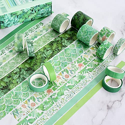 Vuzvuv Vintage Washi Tape Set, 10/15/20/30Mm Wide 9.84Ft Long/Roll Green Botanical Aesthetic Decorative Tapes For Scrapbooking Supplies, Junk Journal, Bullet Journal,Planner, Gift Wrapping(12 Rolls) #TOP2