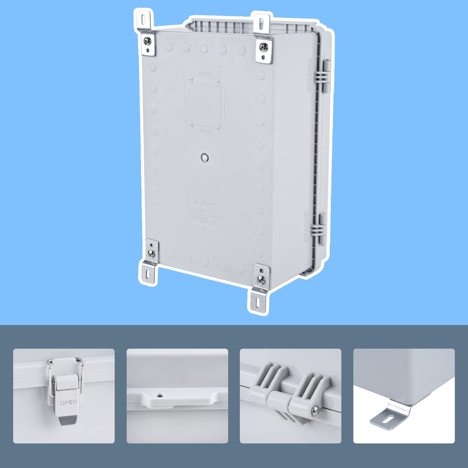GasSaf ABS Junction Box, Project Box, IP67 Waterproof Plastic Enclosure Hinged Cover for Electrical Project, Includes Mounting Plate and Wall Bracket and 2 PG13.5 Cable Gland 300×200×134mm (11.8"x7.9"x5.3")