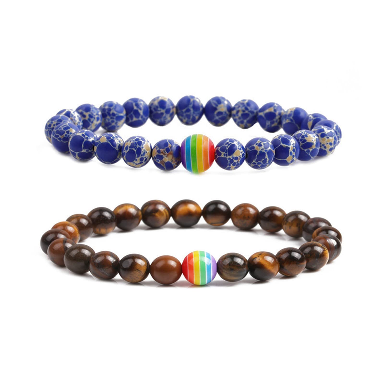 LGBT Natural Stone Bead Stretchy String Lesbian Gay Pride Bracelet Handmade Adjustable Rainbow Gemstone Seed for Men Women Friend LGBTQ Friendship