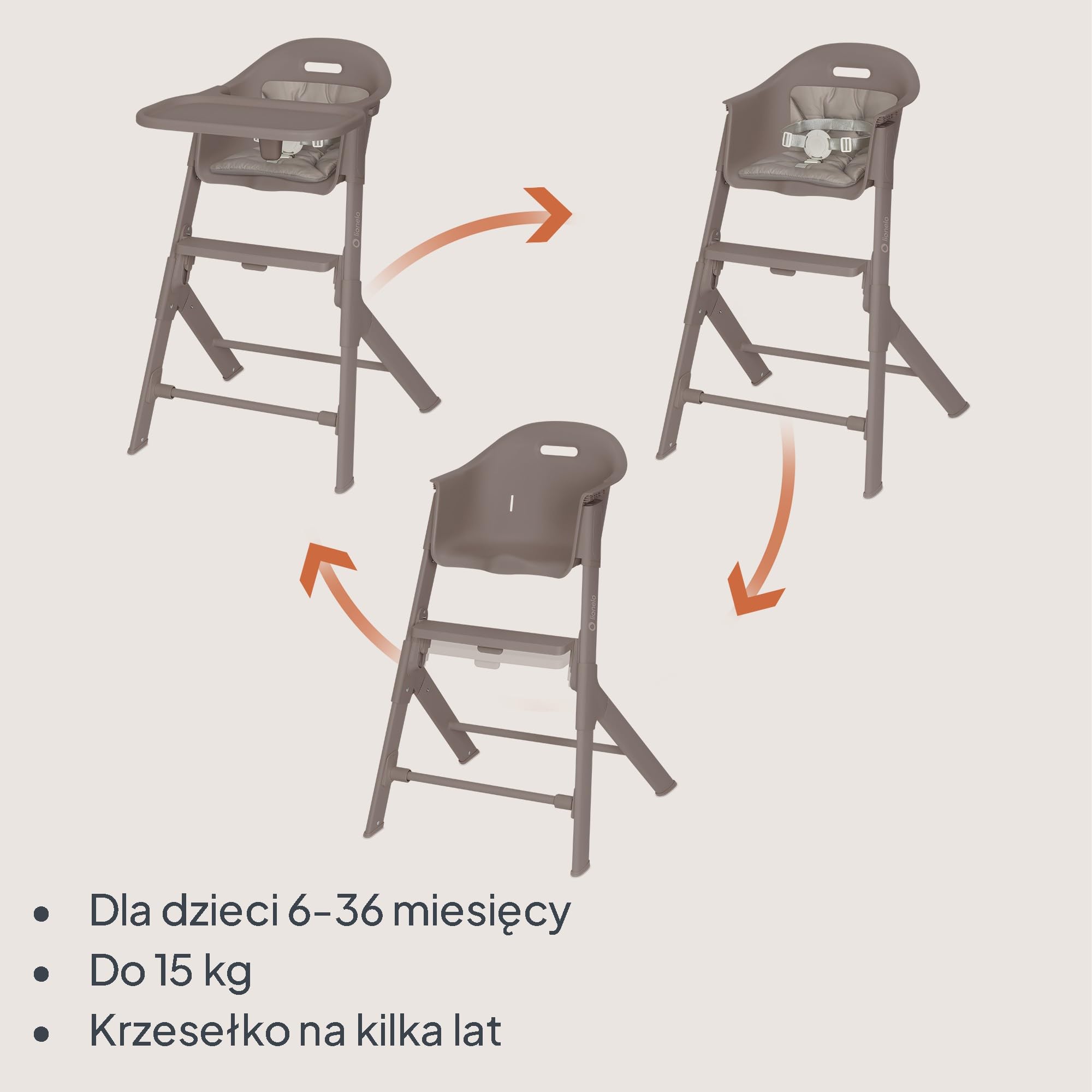 Lionelo BENY krzesełko dla dziecka 6 miesięcy - 3 lata przesuwna taca 2 pozycje, krzesełko ewolucyjne z podnóżkiem regulowanym jedną ręką, pasy 3-punktowe, łatwe do czyszczenia, zmywalna poduszka