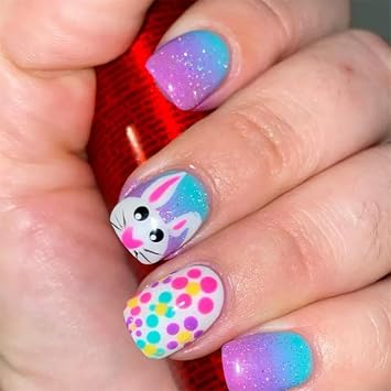 Colorful Easter Press on Nails,Short Square Fake Nails With Cute Bunny Design,Includes 24 Nails,1 Manicure Stick, 1 Mini File,2 Nail Jelly Glue,2 Nail Cleaning Pads