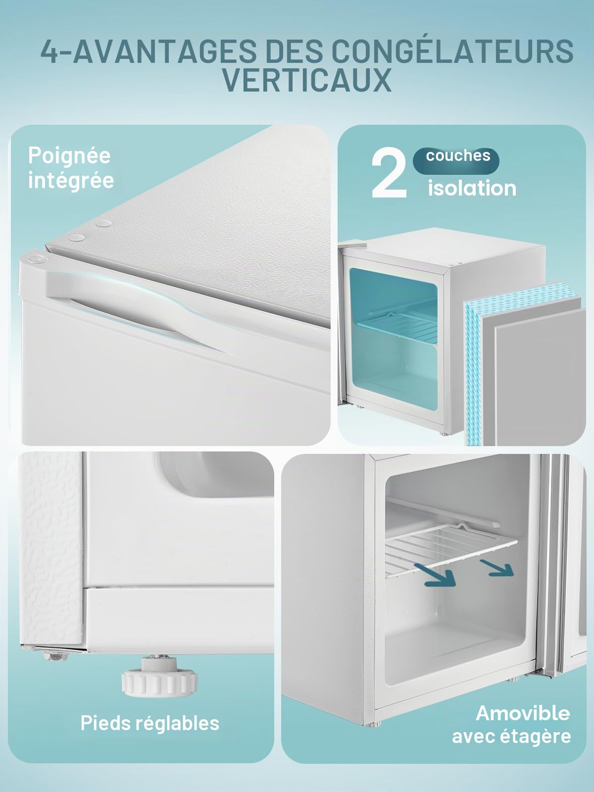 FOHERE 32L Mini Congélateur, Petit Congélateur Silencieux, 7 Thermostat Réglable, Porte Réversible, Blanc