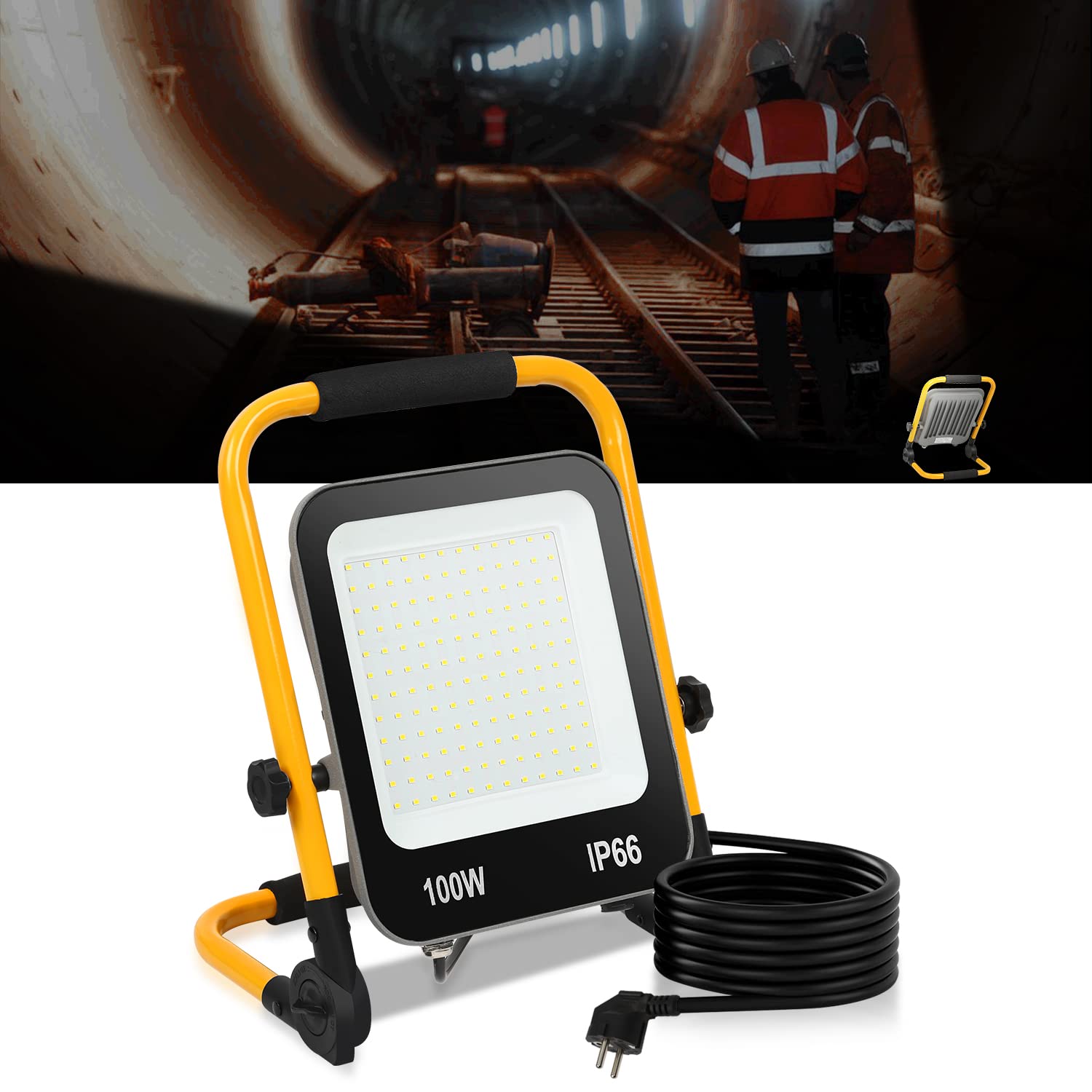 Faretto da costruzione 100W 10000LM, Proiettori per Esterni LED Batteria 6000K Luce diurna bianca, Lampada da cantiere a LED con spina, con cavo 3M e impermeabile IP66