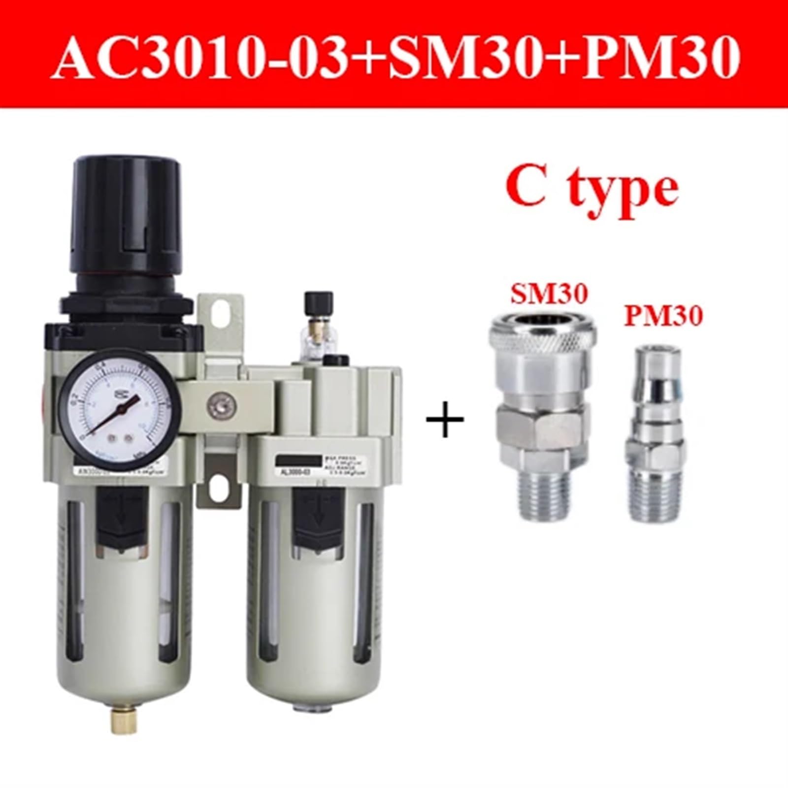 AC3010-03 AC4010-04 Compresseur d'air pneumatique Régulateur de pression Réducteur Filtre Séparateur d'eau Huile 1 pièce (AC3010-03 avec C, filtre à fibre)