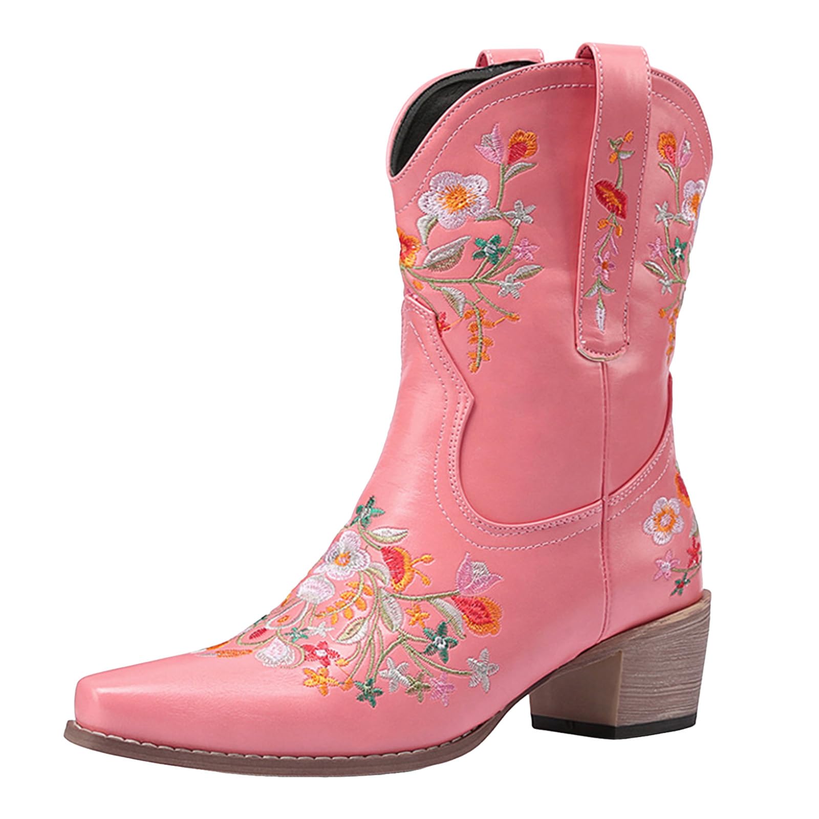 Botines de vaquero para mujer, de piel, diseño floral, bordados, botas de media caña para mujer, botas medianas, botines vintage