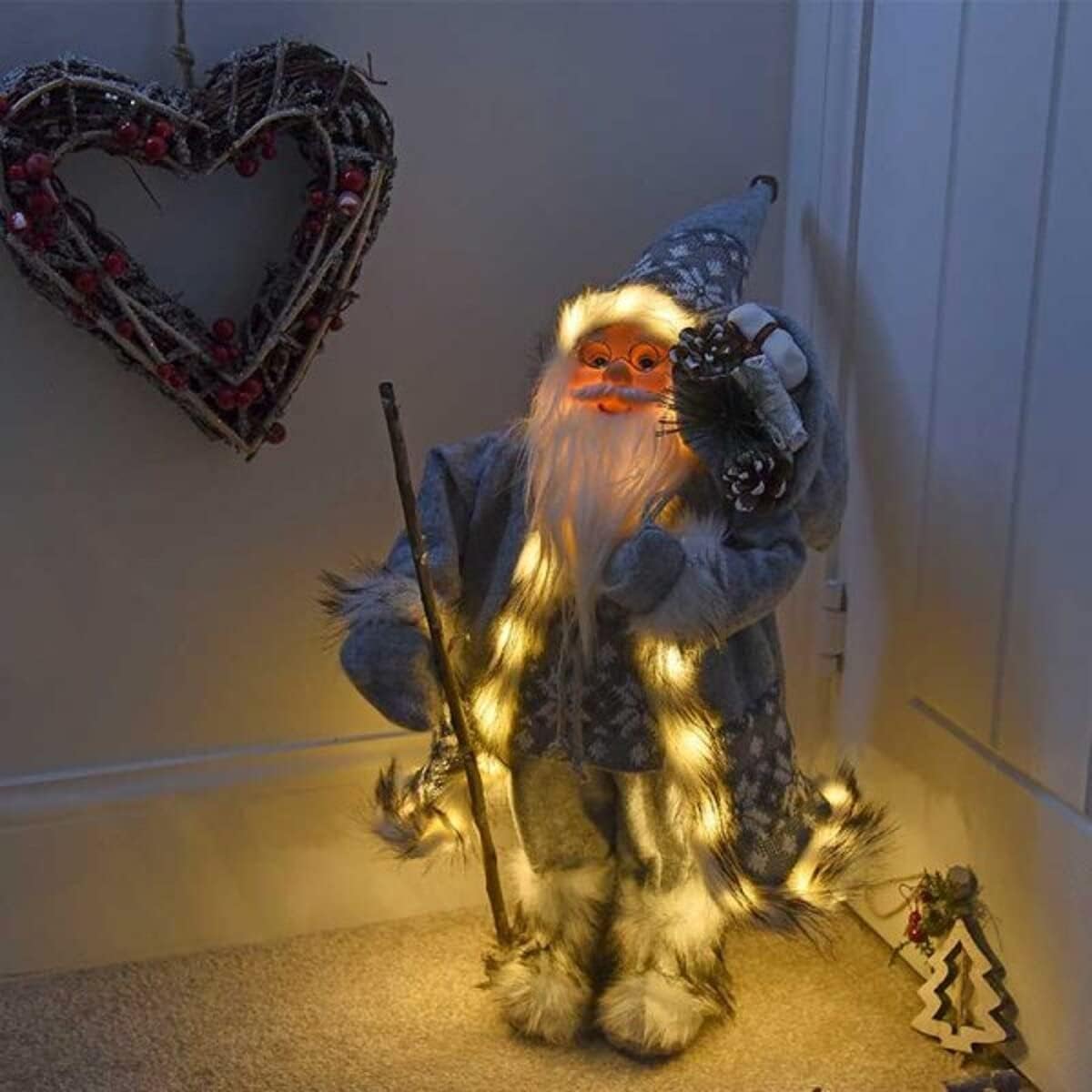 Marco Paul 60cm Grey Santa Claus Christmas Decorations - In-lit Battery Operated Soft Plush Standing Santa Figure LED Lights Festive Ornament - Xmas Decoration Indoor Light Up Decoration