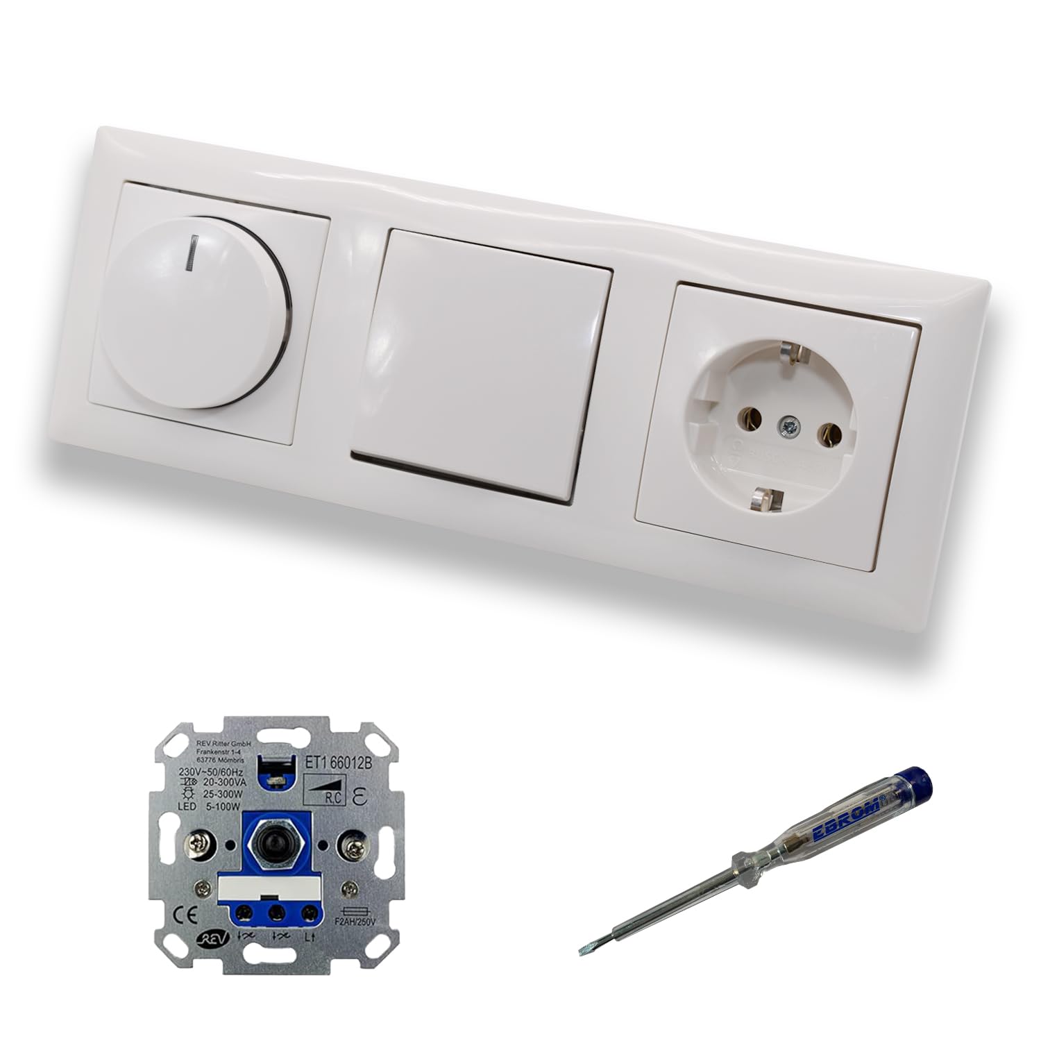 REV Ritter LED Drehdimmer Dimmer + Busch Jäger Dimmerscheibe 2115-914 + Lichtschalter 2000/6US + Steckdose 20EUC-914 Balance Si alpinweiß glänzend + EBROM Phasenprüfer z. Montage d. Geräte ET1 66012B