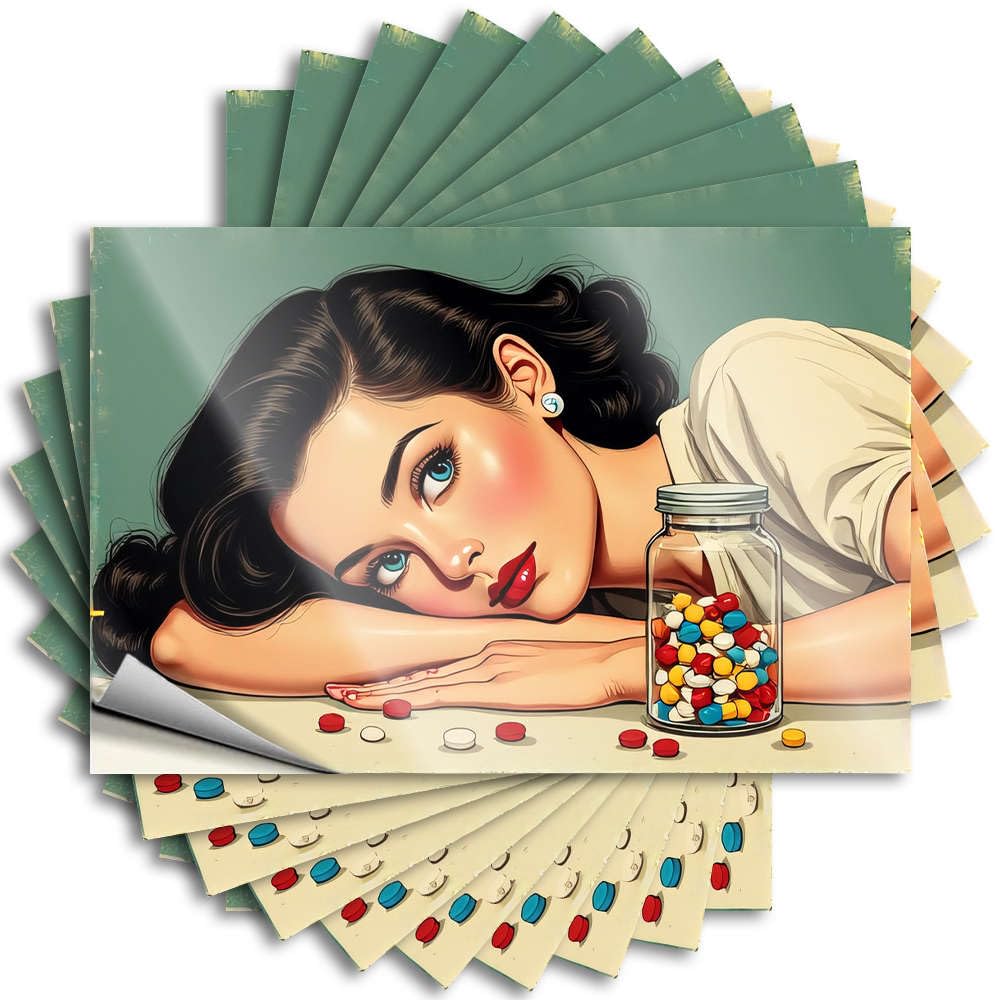 Fzfn Colour Fun, Sticker Garage A Woman Rests Her Head On Colorful Pills | Humor Beer Accessories(12X18cm)