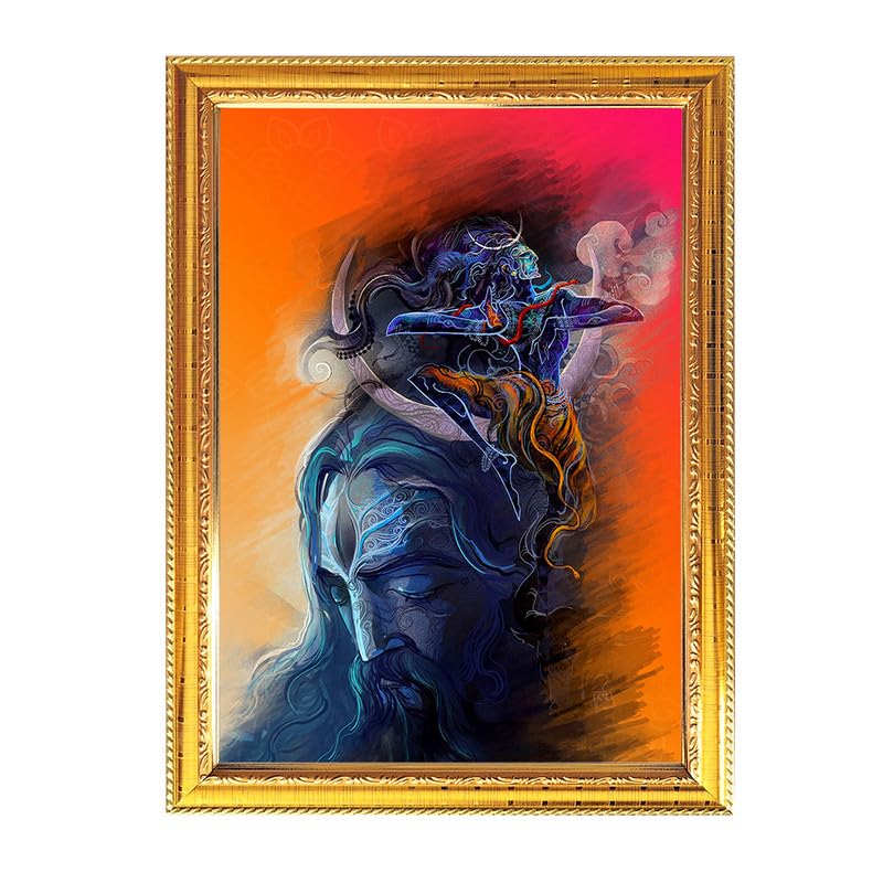 Fashnkart Lord Shiva Painting Style Golden Photo Frame for Pooja Indian with a religious or spiritual theme Temple Puja Room Home Décor Worship 11.8 X 15.7