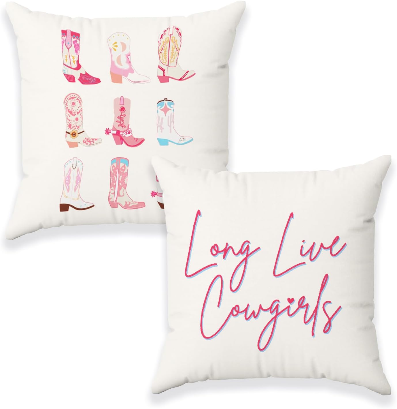 Western Pillows, Pink Preppy Cowgirl Boot Pillow Room Decor, Long Live Cowgirls Pillow Covers 18x18, Country Room Decor for Girls, Pink Western Decor Pillow Cover Set of 2