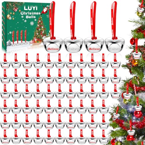 80 Sets Christmas Bells Ornaments Christmas Believe Bells Bulk Polar Express Decorations Xmas Party Gifts Favors Silver Sleigh Jingle Bells for Christmas Tree Home Decoration(1.6 Inch)