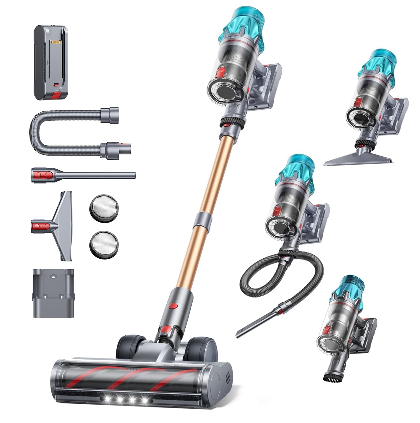 Fieety Akku Staubsauger Kabellos, 50kPa/600W Starkes Saugen, 65Min, 1.6L Beutellos - 8-in-1 Mit Anti-Haar-Wickel, Sofabürste & Ladestation, Ideal für Tierhaare, Teppiche, Hartböden, Auto