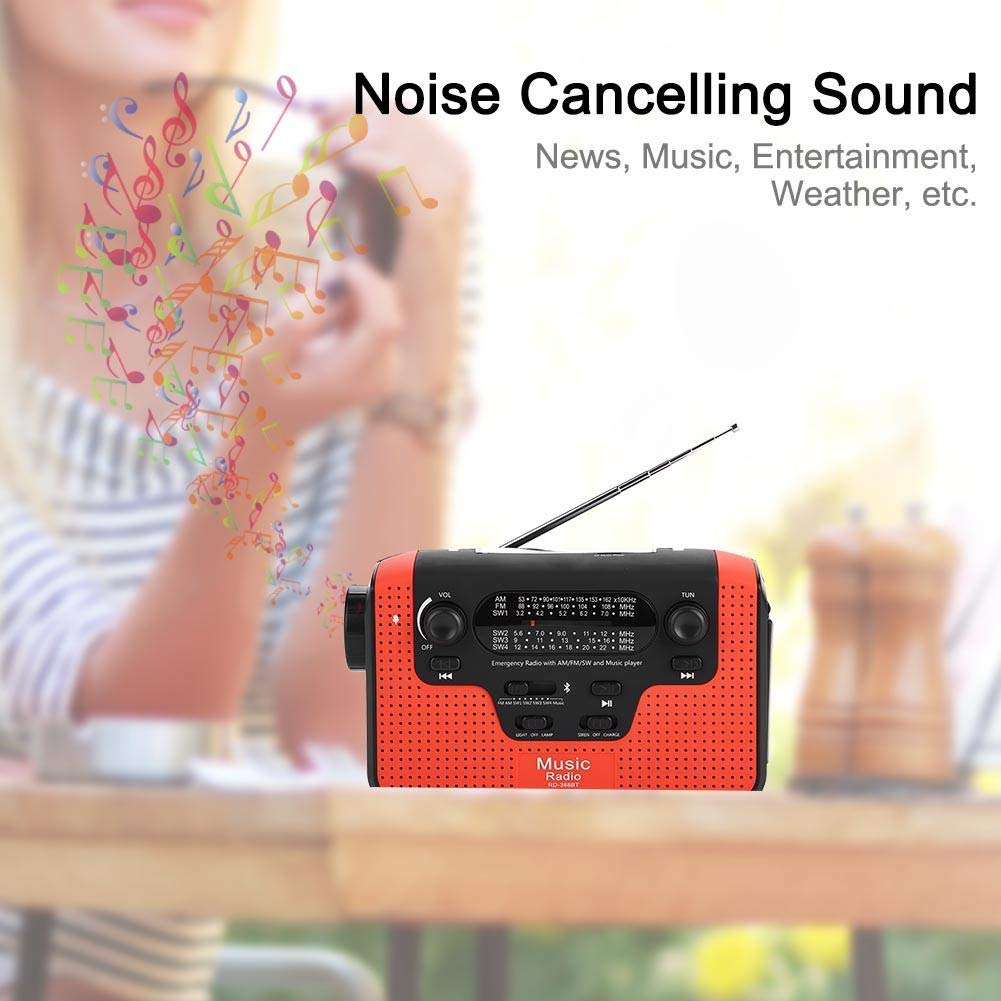 Radio de Emergencia FM/Am/SW, Altavoz de Sonido Manos Libres Bluetooth con cancelación de Ruido de Llamada con Linterna LED, Carga USB, energía de manivela Solar y Manual, Soporte TF Music Play(Rojo)