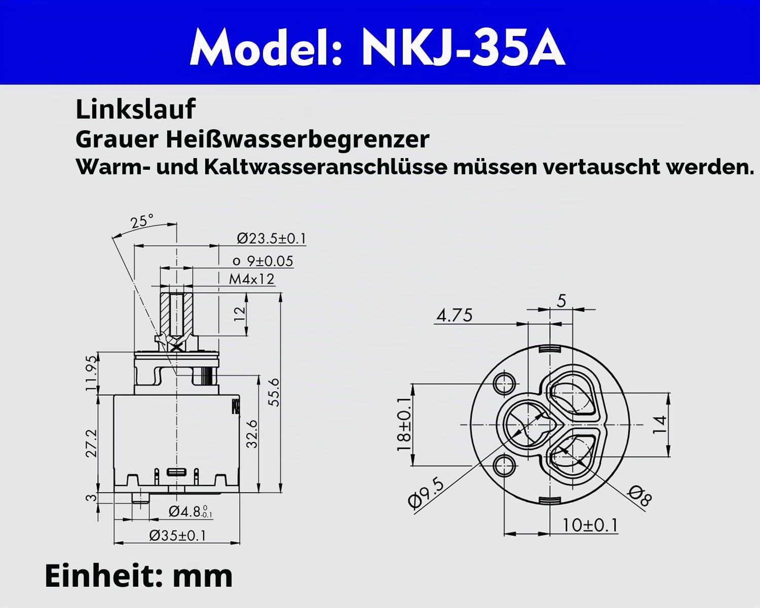 Kerox NKJ35 Einhebel-Wasserhahn-Kartusche (1 Pack), 35 mm Ersatz-Keramikmischung, energiesparende Kartusche, Rechtsdrehung, Reparatur-Set für Kerox-Einhebel-Wasserhahn, Blau