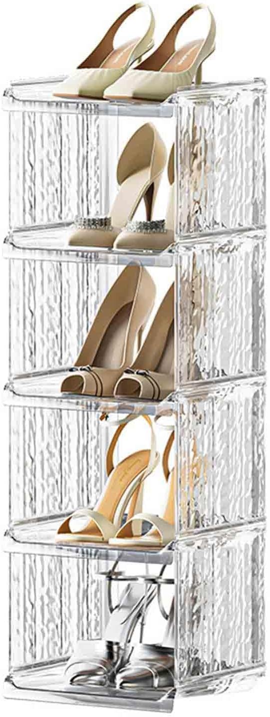 JUSHZ Narrow Shoe Rack Shoe Storage Shoes Rack Stand Shelf Slim 4 Tier Boxes Stackable Clear Lightweight Portable Waterproof Transparent Shelf Plastic Space-Saving (Transparent,28×26×85 cm)