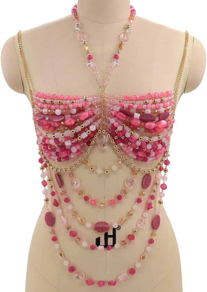 Women's Layered Beaded Halter Bikini Top Sleeveless Backless Beach Cover Up Tops Bra Body Chain Handmade Accessories