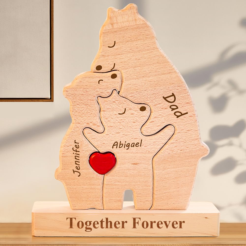 Personalized Wooden Single Parent Bear Puzzle with 2-8 Names, We are One, Custom Family Member Names Puzzle Gifts, Ideal Gift for Mother's Day,Father’