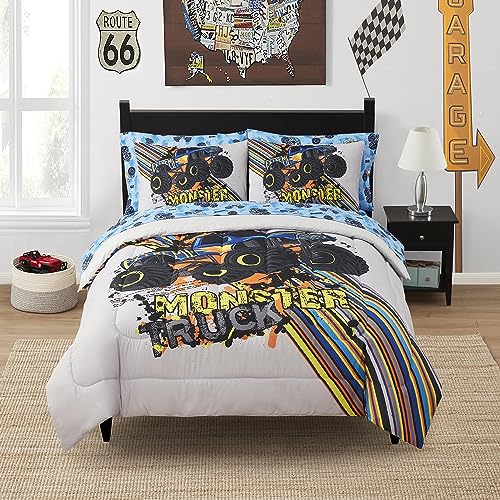 Image of Kids Bedding Set Bed in a Bag for Boys and Girls Toddlers Printed Sheet Set and Comforter, Full, Monster Truck