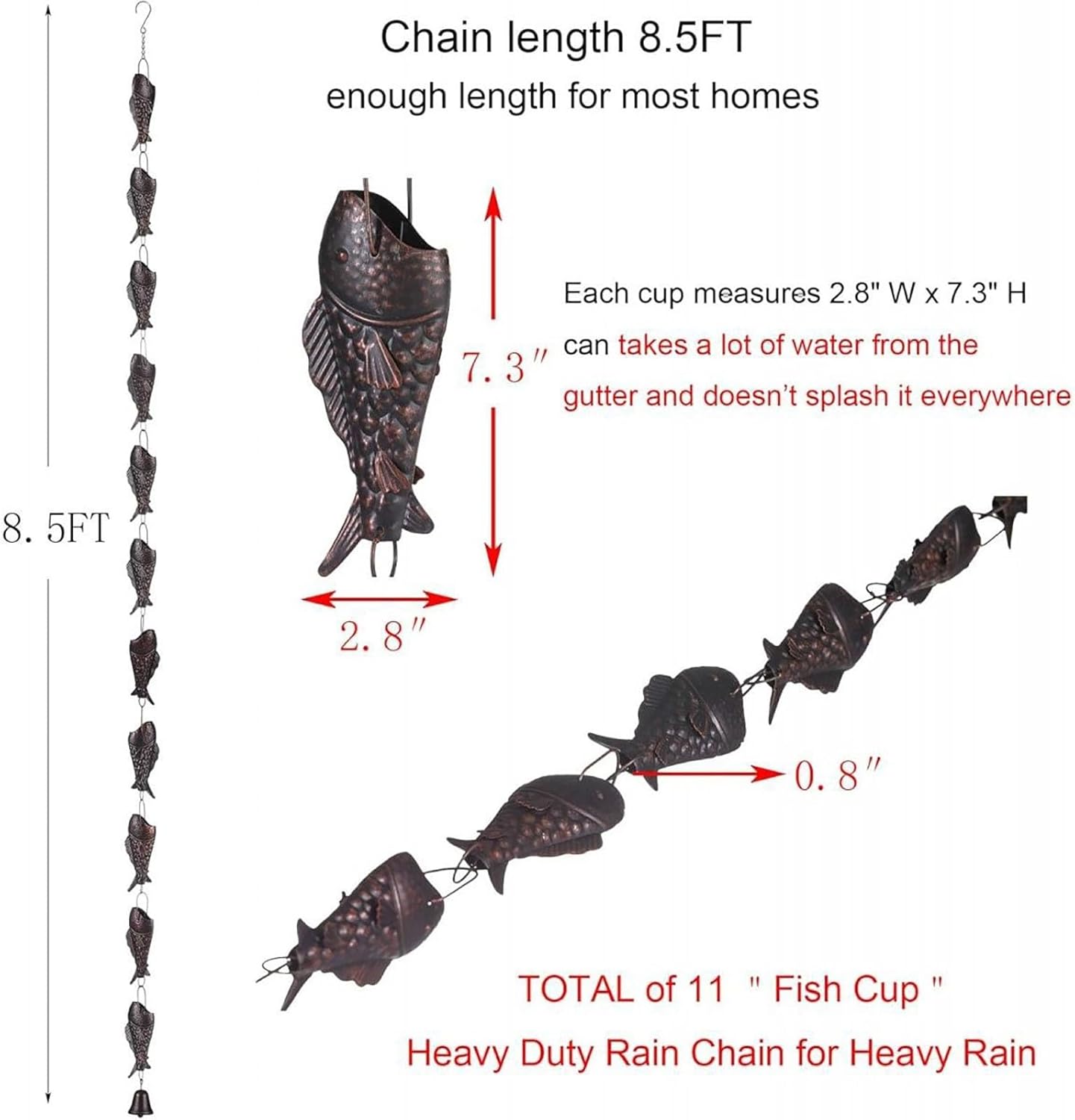 Rain Chains for Gutters, Antique Bronze Rain Chain with Trout for Heavy Rain,8.5 Feet Adjustable Rain Chain,Functional and Decorative Replacement Downspout Chain for Outside