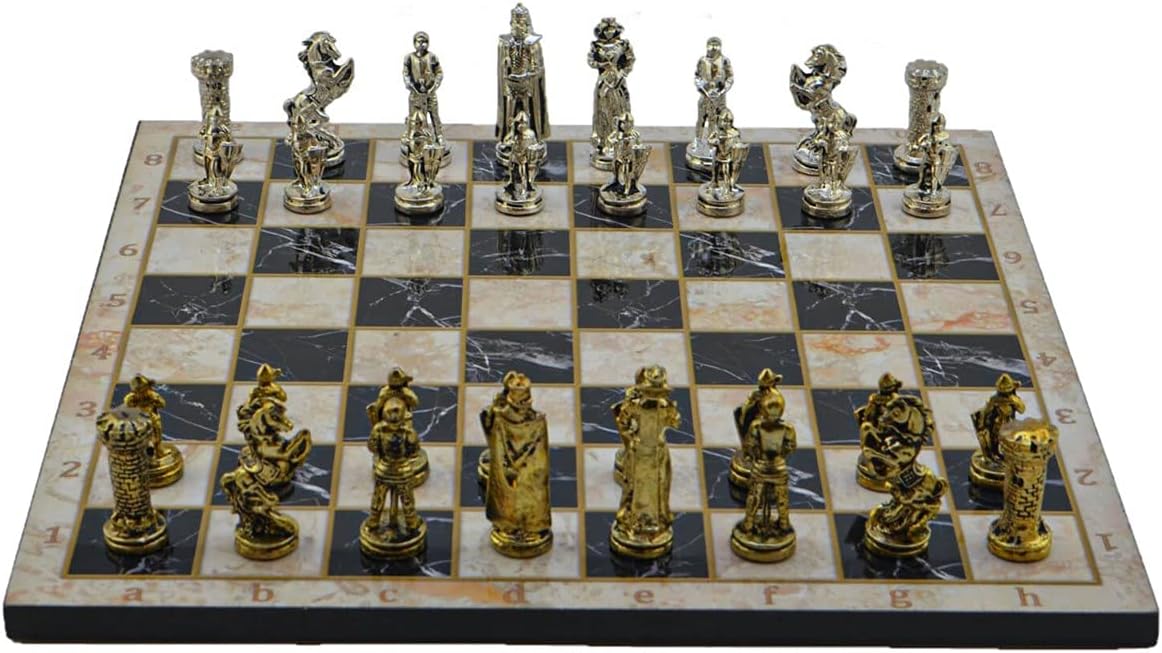 Metal Chess Set for Adults Medium Medieval British Army Figures,Handmade Pieces and Different Design Wooden Chess Board (Bej)