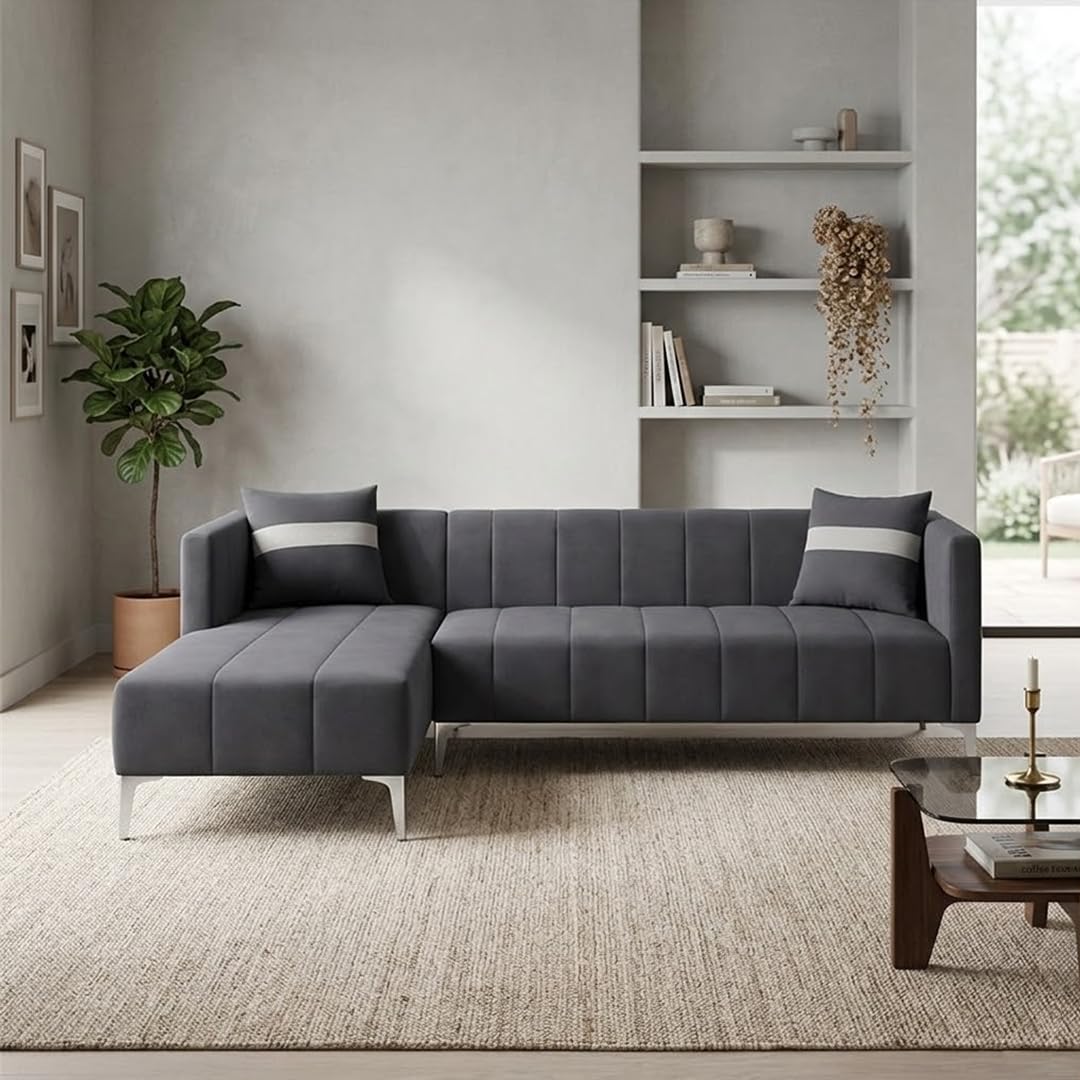 Solomon Luxe Velvet-Suede Fabric 5 Seater LHS L Shape Sofa | Comfortable & Spacious Seating | Modern Sofa for Living Room – Dark Gray-image-36