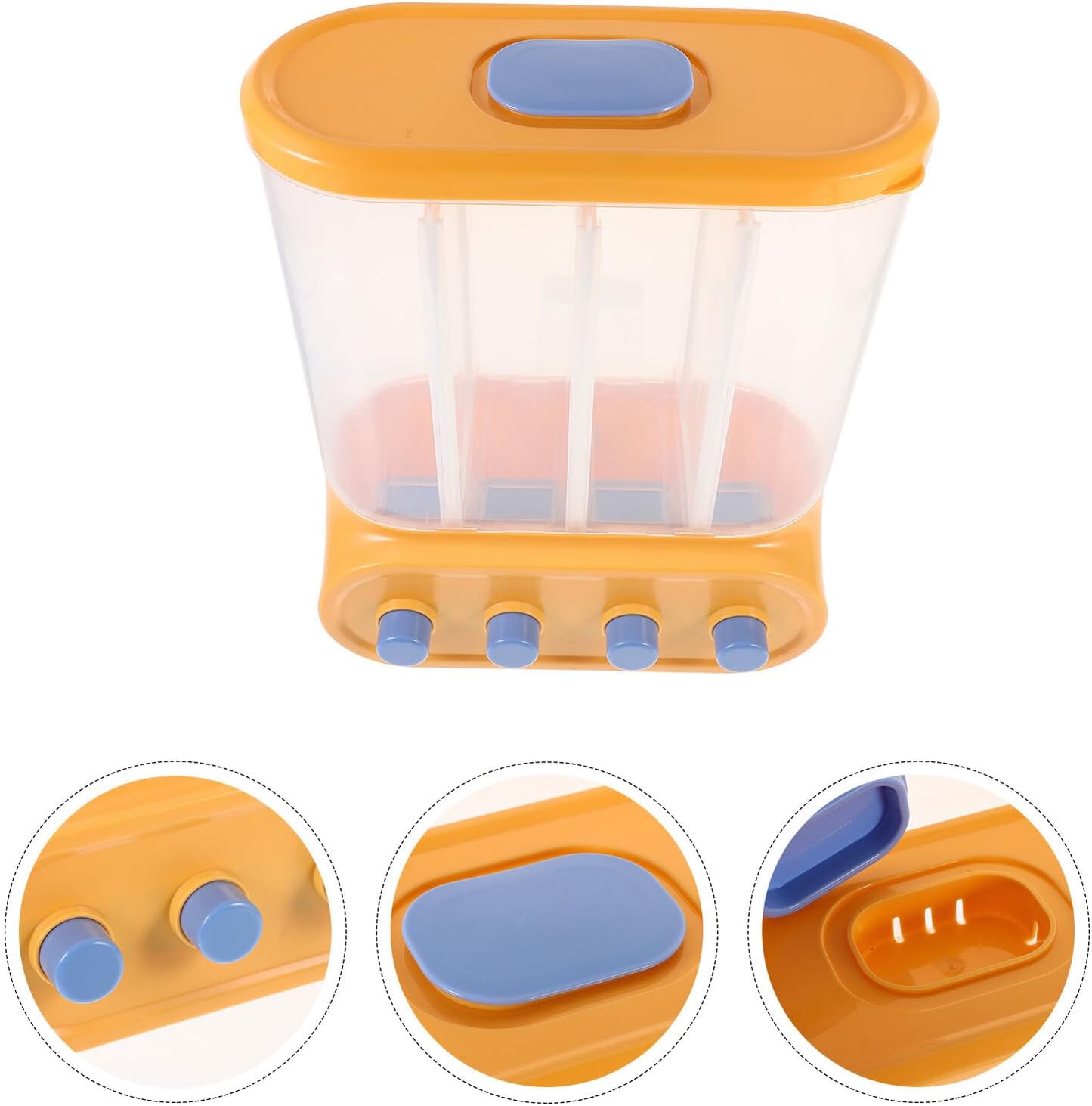 Wall-mounted Rice and Cereal Storage Container Set, Divided Grain Dispenser with Airtight Seal, Kitchen Pantry Organizer for Dry Food Preservation, 4-compartment Yellow Plastic