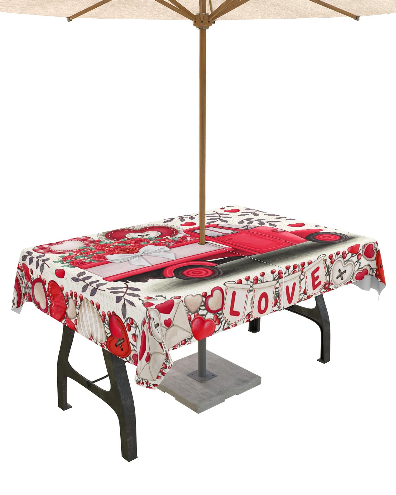 Valentine's Red Car Outdoor Tablecloths with Umbrella Hole and Zipper, Waterproof/Stain Resistant Rectangle Table Cloth 60x84 Patio Table Cover for Picnic/Party Truck Love Spring Rose Floral