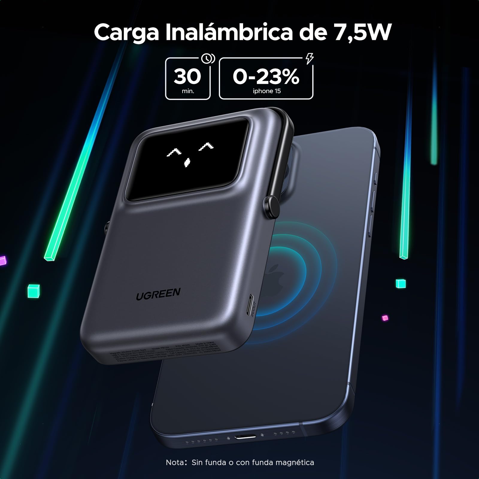 UGREEN Uno Power Bank Magnético 10000mAh Inalámbrico 7.5W, Cargador Portátil y PD 20W con Cavo USB C Pantalla y Soporte, Compatible con iPhone 17 Pro MAX Air/16/15/14/13/12 Mini Plus Pro MAX, Negro