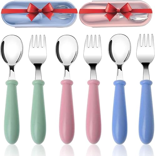 Tenedor y cuchara, utensilios para niños pequeños, cucharas, tenedores, vajilla con estuche de viaje para niños autoalimentación, cubiertos de bebé
