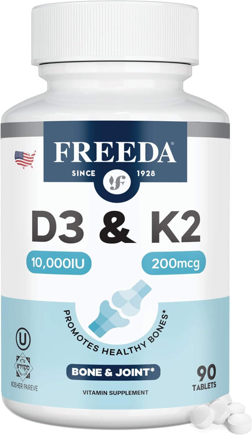 FREEDA Vitamin D3 with K2 Vitamin 10000 IU (250 mcg) + 200 mcg MK7 – High Potency VIT D3 K2 Supplement 10000IU for Bone & Joint Support – Supports Calcium Absorption – Made in USA (90 Tablets)