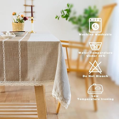 Miniatura 5 de Sayopin Mantel rectangular de granja, resistente al agua, rústico, de lino, de algodón, sin arrugas, antidecoloración, lavable, para decoración de